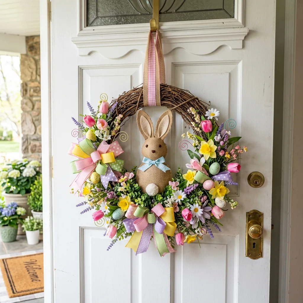 DIY Dollar Tree bunny Easter wreath on a front door
